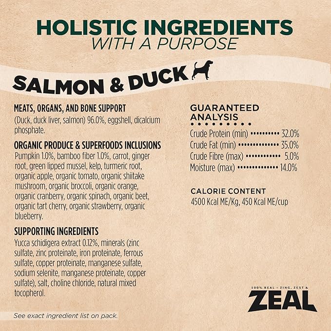 ZEAL Canada Air-Dried Salmon & Duck Recipe for Dogs - Superfood Omega-3 Rich, Dual-Protein, Grain Free, No Fillers, Complete Nutrition (Salmon & Duck, 5 oz)