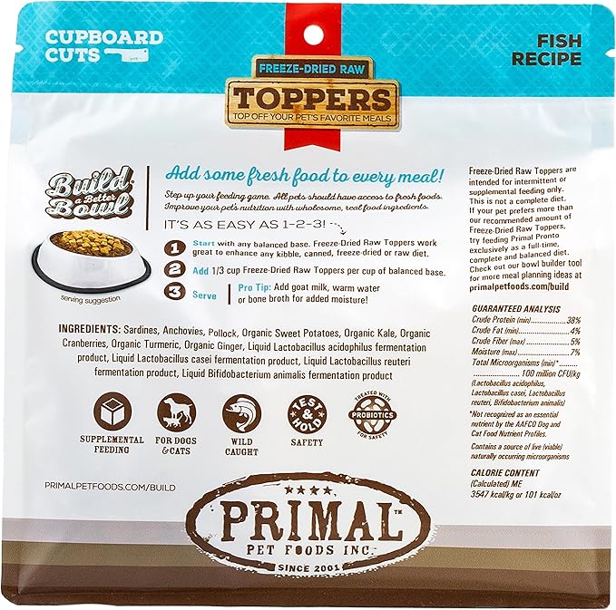 Primal Dog Food Toppers & Cat Food Toppers, Cupboard Cuts, Grain Free Meal Mixers with Probiotics, Raw Freeze Dried Dog Treats & Cat Treats, Great for Training (Fish, 18 oz)