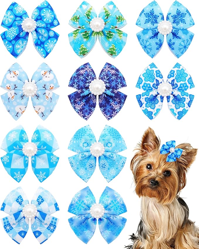 PET SHOW 10 Pack 2" Winter Small Dogs Hair Bows with French Clips Rhinestone Yorkie Barrette Clip Bowknot for Medium Dogs Puppy Pet Snowflake Topknot Cat Grooming Hair Accessories