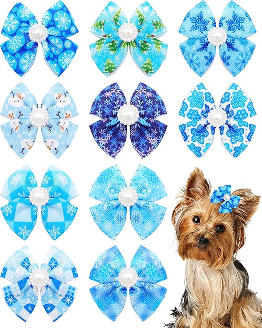 PET SHOW 10 Pack 2" Winter Small Dogs Hair Bows with French Clips Rhinestone Yorkie Barrette Clip Bowknot for Medium Dogs Puppy Pet Snowflake Topknot Cat Grooming Hair Accessories