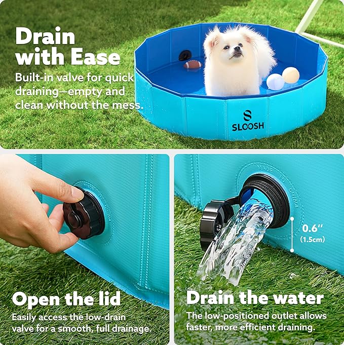 Sloosh Foldable Dog Kiddie Pool - Portable Hard Plastic Doggie Swimming Pool, Anti-Slip Collapsible Pets Bath Tub Suitable for Kids Toddler Indoor Outdoor Backyard Use (Blue, 32" x 8")