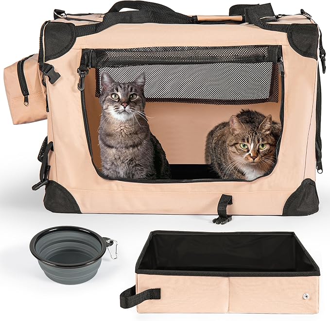 Large Cat Carrier Soft-Sided Travel Carrier - Fits 2 Cats or Small Dog, Portable Foldable Design with Litter Box, Bowl & Fleece Pad, 24” x 16.5” x 16.5”