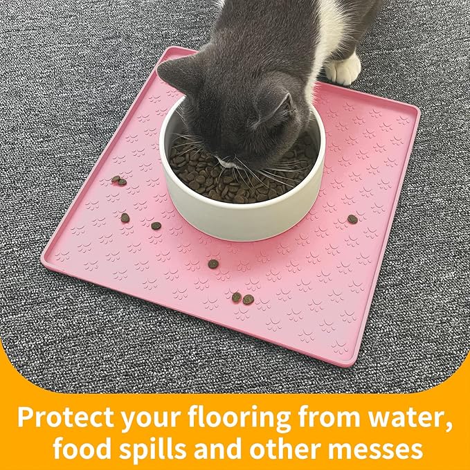 Ptlom Pet Placemat for Dog and Cat, Waterproof Non-Slip Silicone Feeding Bowl Mat Prevent Food and Water Overflow, Puppy Dish Feeder Fountain Trays Suitable for Medium and Small Pets, Pink