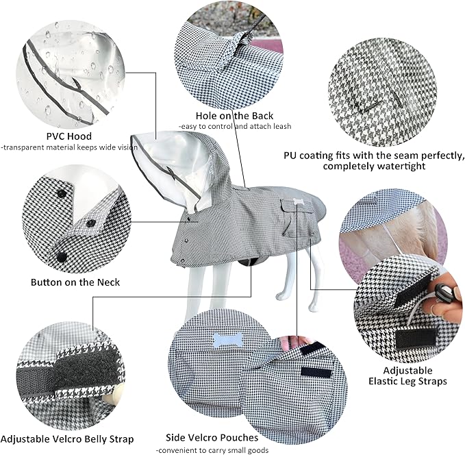 Waterproof Dog Raincoat, Adjustable Reflective Lightweight Pet Rain Clothes with Poncho Hood(X-Large,Black&White)