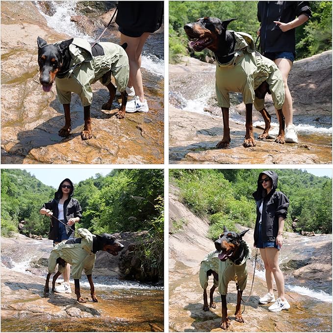 LOVELONGLONG Waterproof Dog Raincoat with Removable Hood – Outdoor Full Body Dog Jacket, Windproof Snowproof Shell Suit – All Season Pet Rain Gear Sage Green XXL