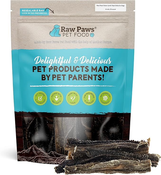 Raw Paws Green Lamb Tripe Sticks for Dogs (25-Count) - Single Ingredient, Grass-Fed & Free Range - Crunchy Lamb Dog Treats - All Natural Dog Chews
