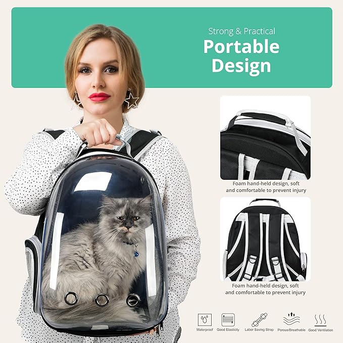 Cat Backpack Carrier with Collapsable Dog Bowl, Cat Collar & Interactive Cat Toy - Airline Approved Bubble Carrying Bag for Medium Dogs & Cats, Animal Carrier Backpacks, Pet Backpack | Black