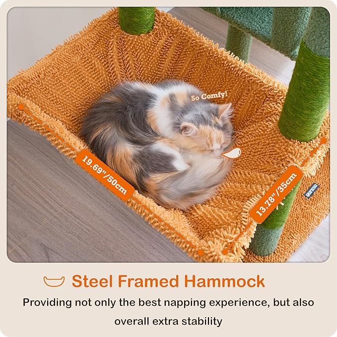 Ouritsu Cat Tree, 57 inch Cat Tower for Large Cat Indoor, 2 Top Perches with 1 Widened, 2 Condos with 1 Enlarged, Steel Frame Hammock, Scratching Posts and Scratching Pad, Green, LF003GB