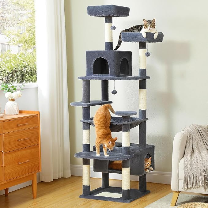 PAWZ Road Large Cat Tree, 72 Inches Cat Tower for Large Cats, Cat Condo with Sisal-Covered Scratching Posts and Pads, 2 Padded Perch, Dual Condo and Basket for Indoor Cats-Dark Gray