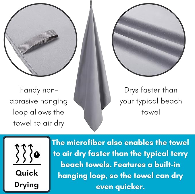 BIRDROCK HOME Multi-Purpose Microfiber Towel for The Beach, Travel, Pets or Camping - Large 31 x 63” - Grey - Quick-Dry - Absorbent Lightweight Compact - Bag - Kids Hiking Outdoor - Corner Pockets