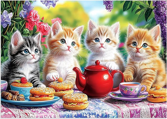 100 Piece Puzzles for Kids Ages 4-6, Kittens' Tea Time Jigsaw Puzzle, Educational Fun for Kids Ages 6-8 & 8-10, Large Piece Puzzles for Seniors & Adults, Creative Puzzle for Family Activities