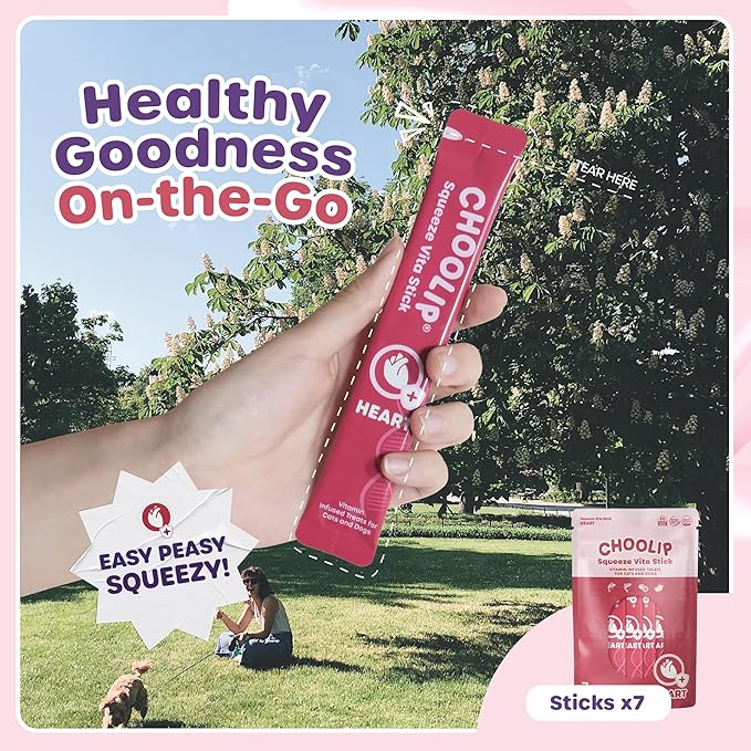 Choolip Squeeze Vita Stick Lickable Cat and Dog Treats – 7-Count Heart Support Sticks with Multivitamins, Soft Squeezable Paste for All Life Stages, Supporting Heart Health