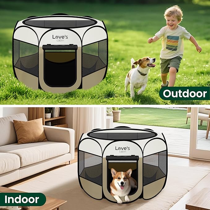 Love's cabin Pet Puppy Dog Playpen, Small Dog Tent Crates Cage Indoor/Outdoor, Portable Playpen for Cat, Foldable Pop Up Dog Kennel Playpen with Carring Case, Removable Zipper Top, Khaki
