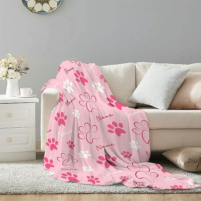 Custom Pet Name Personalized Dog Blanket, Puppy Gift for Dog Lovers, Cute Dog Paw Prints Soft Flannel Throw Blanket, Extra Small 40"x30"