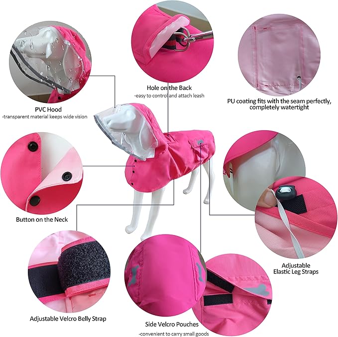 Waterproof Dog Raincoat, Adjustable Reflective Lightweight Pet Rain Clothes with Poncho Hood (X-Small, Dark Pink)