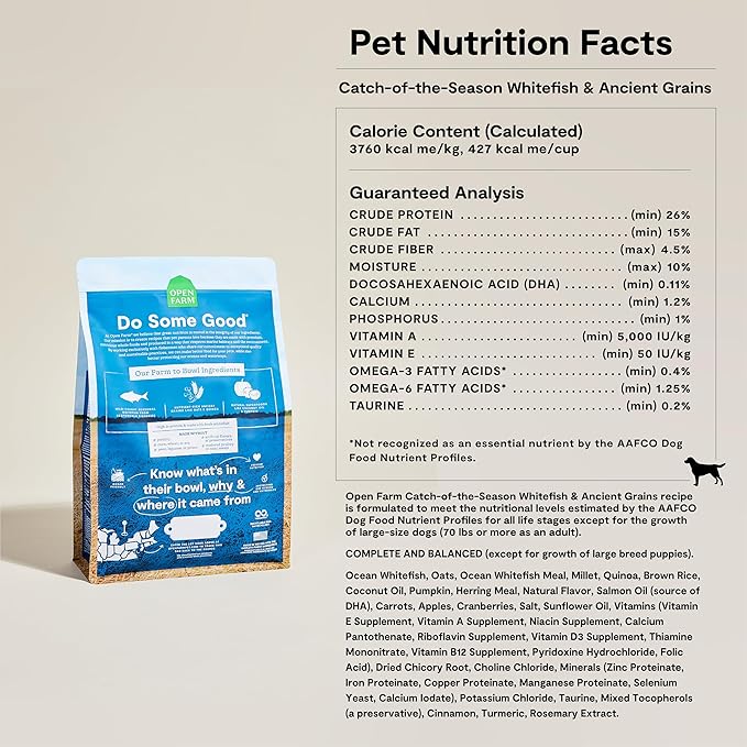Open Farm, Ancient Grains Dry Dog Food, Protein-Rich & Nutrient Dense, 90% Animal Protein Mixed with Non-GMO Fruits, Veggies and Superfoods, Catch-of-The-Season Whitefish Recipe, 11lb Bag
