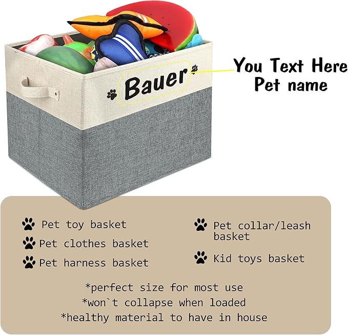 PET ARTIST Large Dog Toy Basket, Custom Toy Bin Box Personalized with Pet's Name, Collapsible Pet Storage Baksets With Handle for Living Room Area Hold Blankets,Accessories- Grey