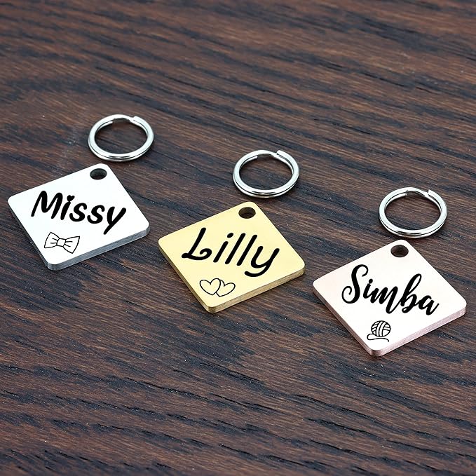 Ultra Joys Cat ID Tag Personalized Pet Tags, Durable Stainless Steel Small Pet Mini Dog Cat Tag Lightweight -Diamond Tag in Rose Gold