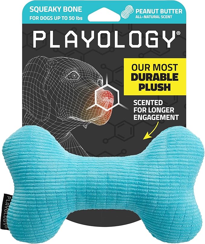 Playology Dog Toys | Plush Squeaky Bone Chew Toy for Dogs | Medium Peanut Butter Scented Toy - Easy to Clean and Made from Non Toxic Materials