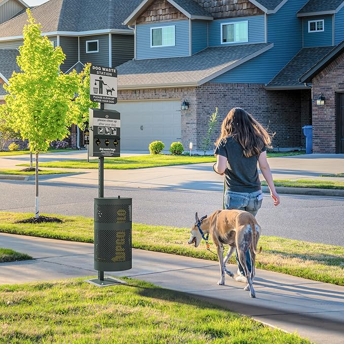Pet Waste Station - Includes 600 Roll Bags & 50 Can Liners - Original Glow in the Dark Dog Waste Station with Dog Poop Sign, Bag Dispenser, Hand Sanitizer Bottle & Outdoor Trash Can with Lid