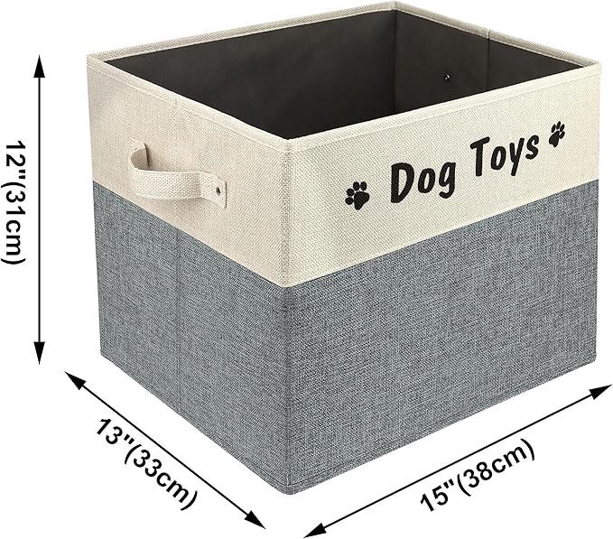PET ARTIST Large Dog Toy Basket, Foldable Dog Toy Bin Box for Living Roon Area, Collapsible Storage Baskets with Comfortable Handles for Pet Coat,Accessories, Gray, 15"x13"x12"