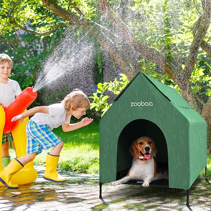 29" 2-in-1 Dog House for Medium Dogs, Elevted Dog House Outdoor/Indoor, Weatherproof Elevated Pet Shelter, Breathable Mesh & Steel Frame, Easy to Assemble & Clean(Green)