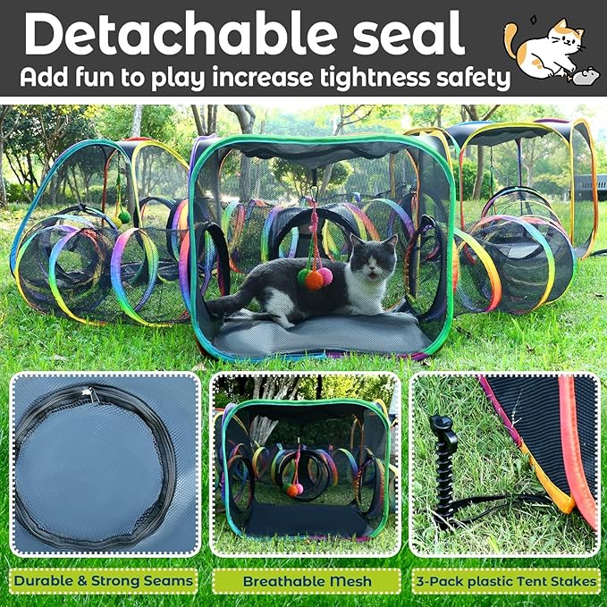 CypherX Outdoor Rainbow Cat Enclosure, 7 in 1 Portable Cat Tents for Outside Cage Free Outside Pet Enclosure Cat Tunnel Outdoor Playground for Indoor Cats and Small Animals