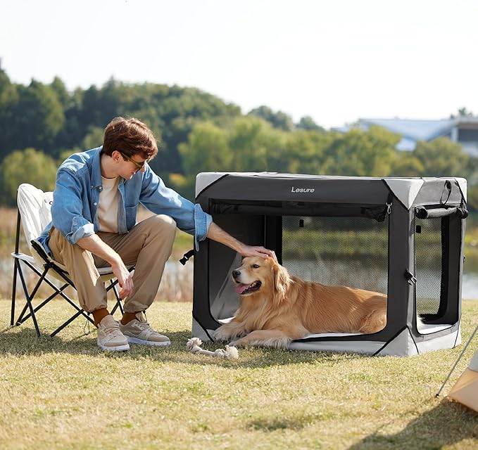 Lesure Collapsible Dog Crate - Portable Travel Kennel for Extra Large Dog, 4-Door Pet Crate with Mesh Windows, Indoor & Outdoor, Charcoal Gray
