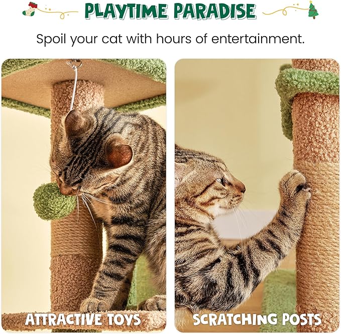 MWPO 63.8 Inches Green Cat Tree for Indoor Cats, Multi-Level Cat Tower with Sisal-Covered Scratching Posts, Padded Platform, Hammock, Dangling Toys, Stable Cat Condo Pet Play House