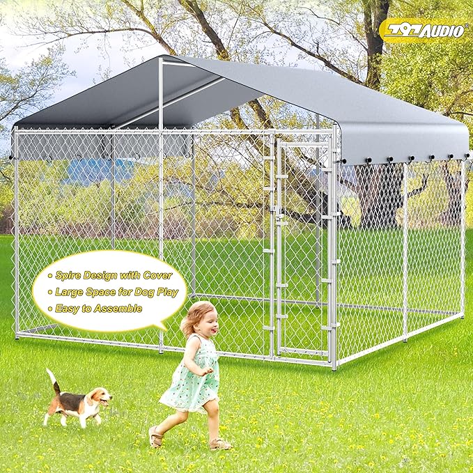 10'x10'x6.56' Large Outdoor Dog Kennel with Roof, Heavy Duty Outside Dog Run Enclosure Dog Pen House Pet Playpen with Galvanized Chain Link, Lockable Door, Waterproof Cover, for Small and Large Dogs