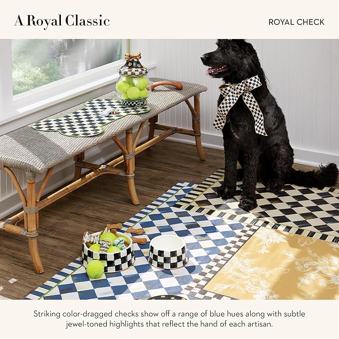 MACKENZIE-CHILDS Pup Placemat, Cute Pet-Food Mat for Dog Bowls and Cat Bowls, Blue-and-White Royal Check