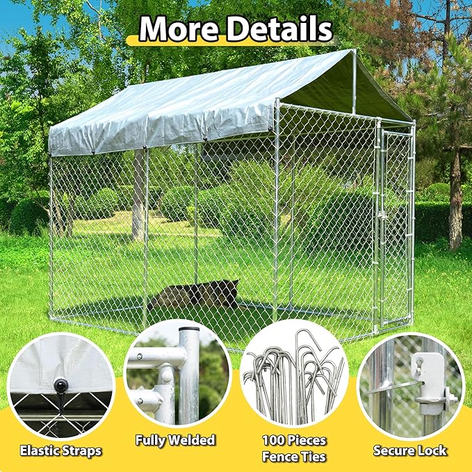 Large Dog Kennel Outdoor, Outside Dog Run Enclosure Heavy Duty Galvanized Steel Chain Link Metal Dog Pen House with Lockable Door and Water-Resistant Roof, for Medium and Large Dogs(10'x6'x7.65')