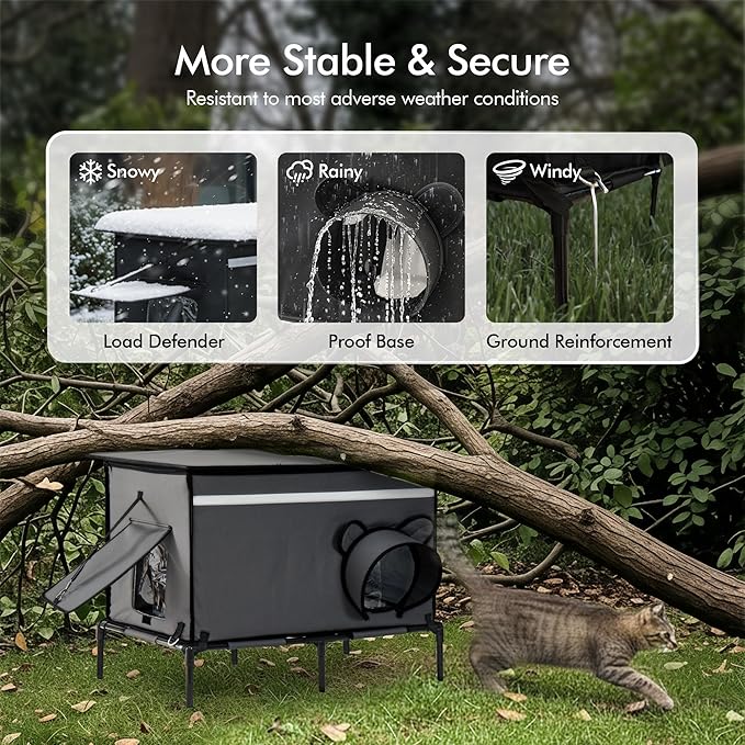 Heated Outdoor cat House for Outside, Weatherproof Insulated Feral Cat Shelter with Timer-Temp Control Heating Pad in Winter, Large Elevated Outdoor Cat House with Zipper, 2 Doors, Safety-Dark Gray