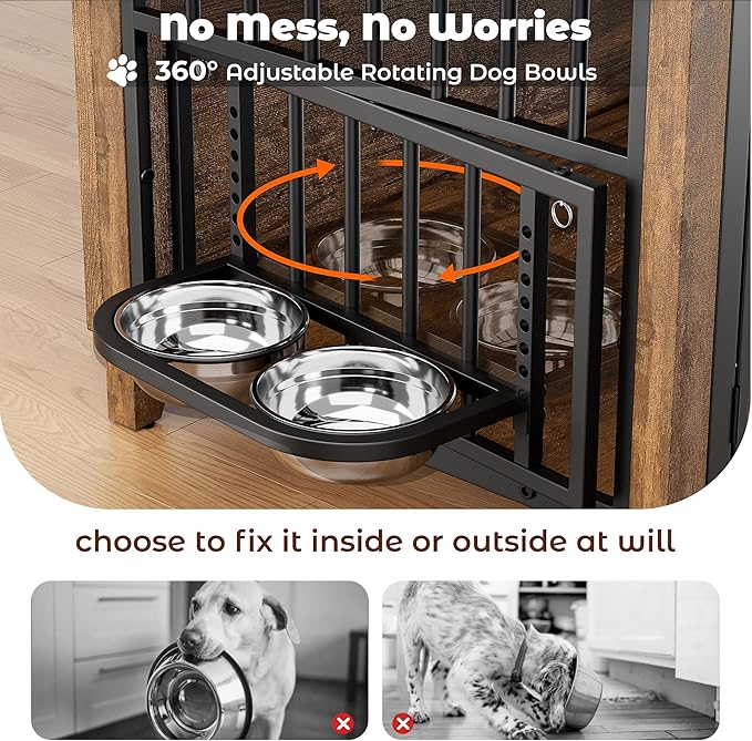 Lulive Dog Crate Furniture, Wooden Dog Kennel Indoor with Adjustable 360°& Height Dog Bowls, Double Doors Furniture Dog Crates End Table for Small/Medium 31.5" L*22.5" W*25.6" H, Brown