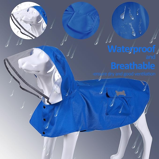 Waterproof Dog Raincoat, Adjustable Reflective Lightweight Pet Rain Clothes with Poncho Hood (Large, Blue)