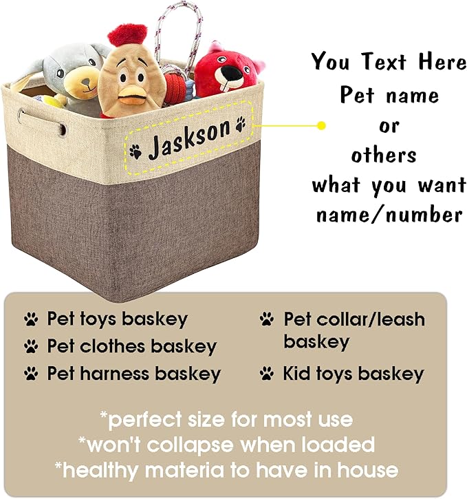 PET ARTIST Collapsible Toy Storage Basket Bin With Personalized Pet's Name - Rectangular Box Chest Organizer for Dog Toys, Clothing, Apparel & Accessories (Coffee Big One)