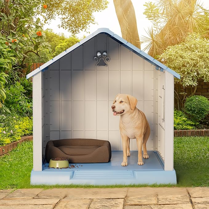 Dog House Outdoor Indoor - Waterproof, Ventilated, Easy to Clean, Elevated Floor for Small-Large Dogs, Easy to Assemble (Blue, 37.2" L x 40" W x 40" H)