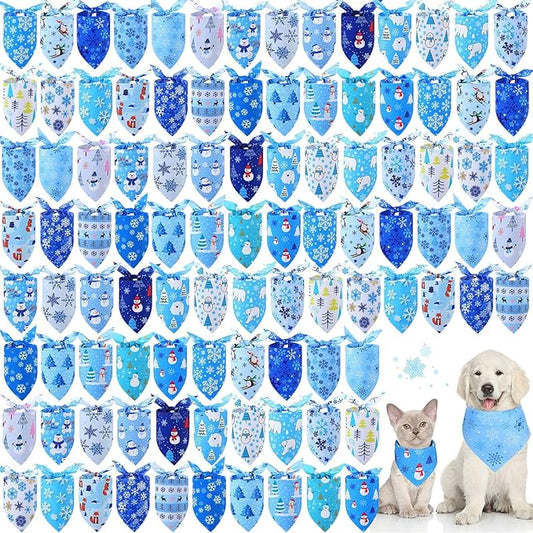 Abbylike 100 Pcs Winter Dog Bandanas Bulk Blue Snowflake Bandanas for Dogs Triangle Kerchief Bibs Scarf for Pet Xmas Costume Photo Props Accessories Pet Shops Grooming, 25 Styles (25.6 x 17.7 x 17.7)