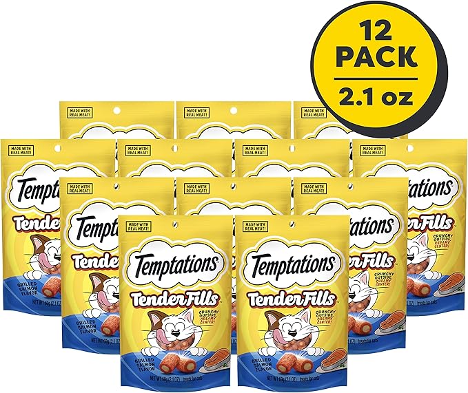 Temptations Tender Fills Crunchy and Soft Adult Cat Treats, Grilled Salmon Flavor, 2.1 oz. Pouch (Pack of 12)