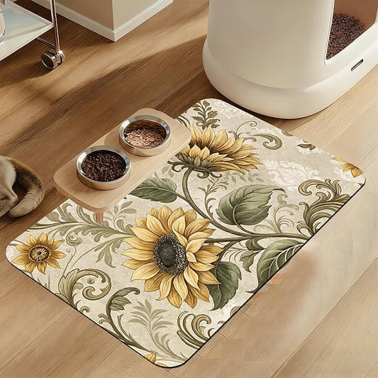 Vintage Sunflower Pet Feeding Mat for Floors–Absorbent Quick Dry Dog Cat Bowl Mat for Food and Water, Non Slip Waterproof Base, Mess-Free Feeding Accessories 16"x24"