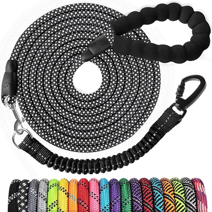 Long Dog Leash 15 FT: Heavy Duty Rope Leashes for Dogs Training with Swivel Lockable Hook Reflective Threads Bungee and Padded Handle - Dog Lead for Large Small Medium Dogs Outside Walking Hiking