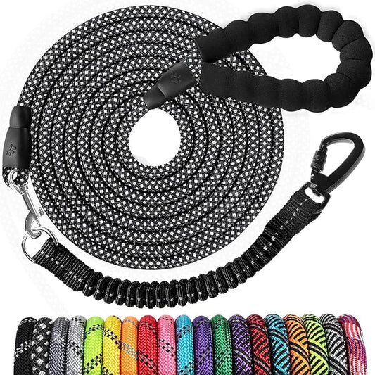 Long Dog Leash 15 FT: Heavy Duty Rope Leashes for Dogs Training with Swivel Lockable Hook Reflective Threads Bungee and Padded Handle - Dog Lead for Large Small Medium Dogs Outside Walking Hiking