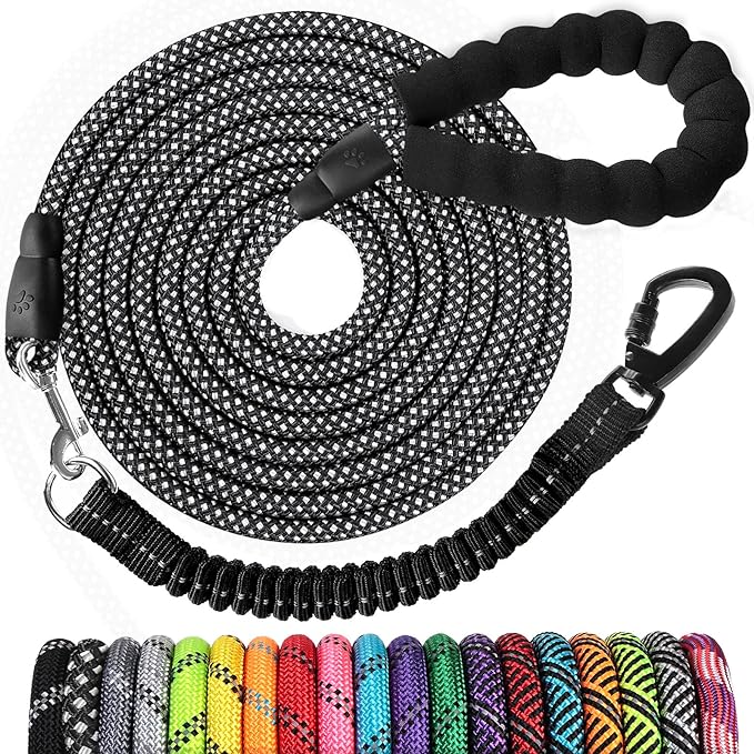 jenico Long Dog Leash 15FT: Heavy Duty Rope Leashes for Dogs Training with Swivel Lockable Hook Reflective Threads Bungee and Padded Handle - Dog Lead for Large Small Medium Dogs