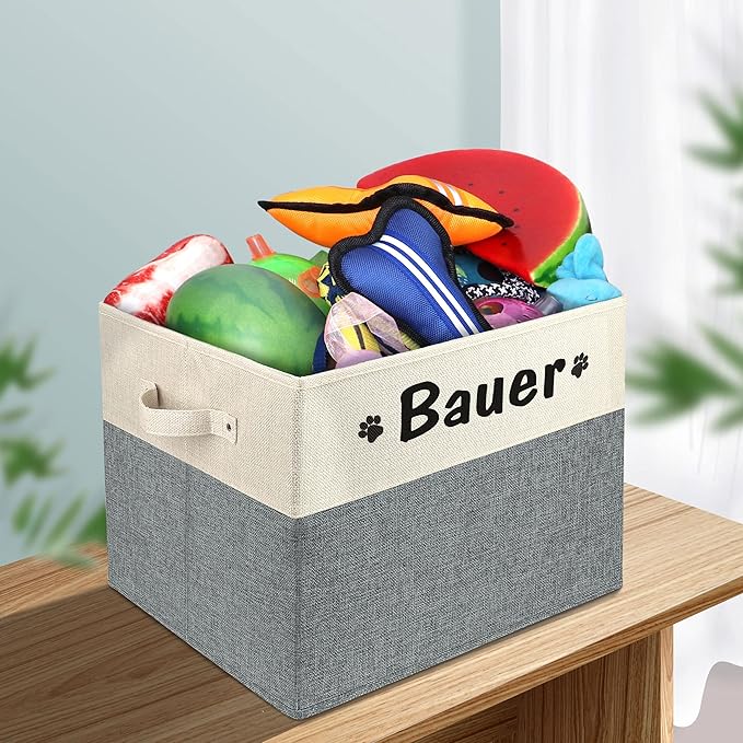 PET ARTIST Large Dog Toy Basket, Custom Toy Bin Box Personalized with Pet's Name, Collapsible Pet Storage Baksets With Handle for Living Room Area Hold Blankets,Accessories- Grey