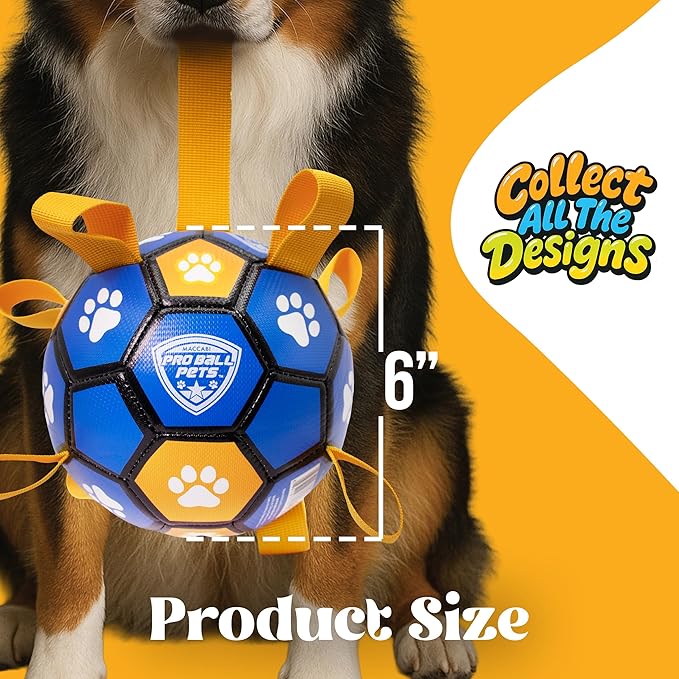ProBall Pets Interactive Dog Soccer Ball with Grab Tabs - Floats on Water, Fetch & Training Toy for Small Medium Dogs, Herding Breeds - Waterproof Non-Toxic - 6" Blue Orange