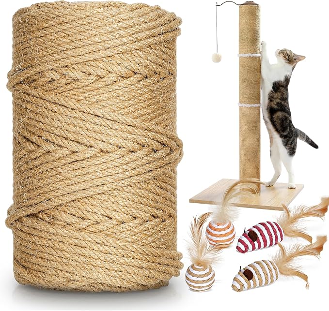 262 ft/80 m Sisal Rope for Cat Scratcher, 1/4 inch/ 6 mm Thick Twine for Cat Scratching Post Cat Tree Replacements DIY Craft Projects, Jute Hemp Rope with 4 Random Colors Cat Toys