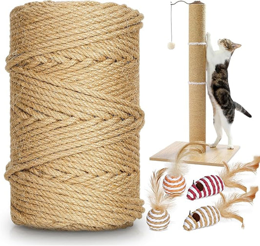 262 ft/80 m Sisal Rope for Cat Scratcher, 1/4 inch/ 6 mm Thick Twine for Cat Scratching Post Cat Tree Replacements DIY Craft Projects, Jute Hemp Rope with 4 Random Colors Cat Toys