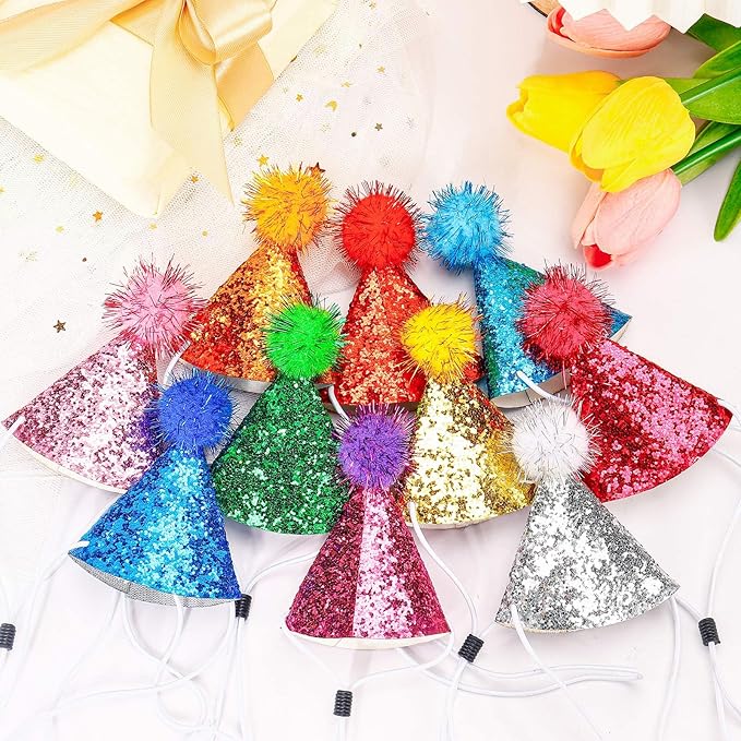 10 Pcs Mini Cat Birthday Party Hats with Pompoms colorful sequins, Puppy Holiday Wedding Hats, Cute Pet Costume Hat Accessories for Small Dogs Kittens Rabbits Stuffed Animals (Small, sequined pom-pom)