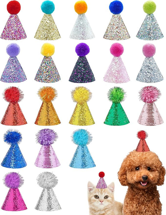 PET SHOW 20 Pack Mini Small Dog Hats with Sequin Puppy Birthday Party Hats for Stuffed Animals Cats Adjustable Holiday Hat Headband Kitten Pet Grooming Costume Accessories