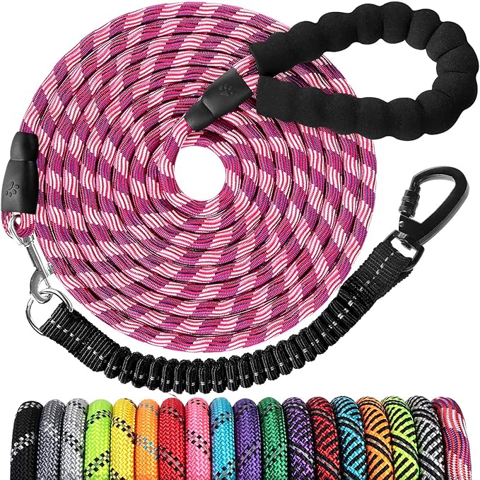 Long Dog Leash 15 FT: Heavy Duty Rope Leashes for Dogs Training with Swivel Lockable Hook Reflective Threads Bungee and Padded Handle - Dog Lead for Large Small Medium Dogs Outside Walking Hiking Red